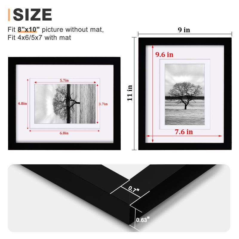 Egofine 8x10 Picture Frame Made of Solid Wood Covered by Plexiglass, for Pictures 4x6 or 5x7 with Mat or 8x10 Without Mat, Table Top Display and Wall Display Photo Frame, Black - Image 3